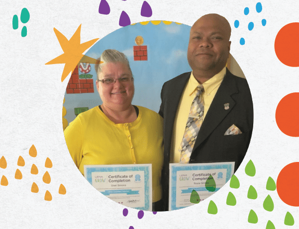 Tonya and Royce Simons posing with their LENA Grow certificates