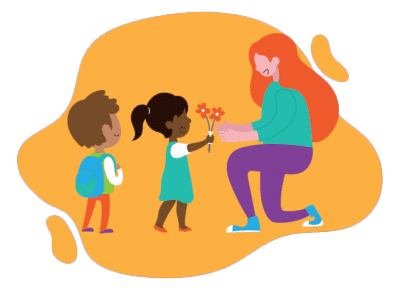 Illustration of a teacher receiving flowers as a gift from a child who is displaying healthy social behaviors instead of challenging behaviors