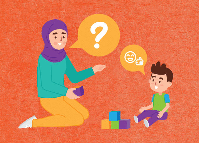 illustration about social-emotional development, of a teacher and preschooler playing blocks