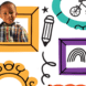 Decorative graphic showing kindergarten-aged boy in an illustrated picture frame. Illustrating kindergarten readiness and school readiness.